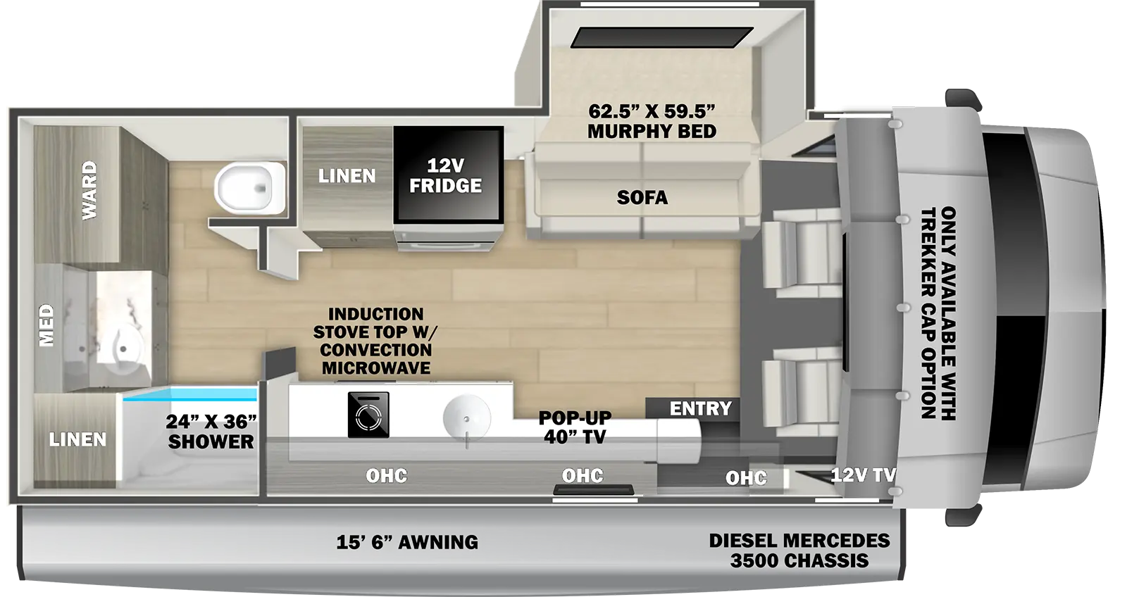 The 2400DSB has two slideouts and one entry. Interior layout front to back: front cab with bunk above (trekker cap with built-in entertainment center optional), and 12V TV; off-door side slideout with u-dinette and overhead cabinet (optional 12V power theater seat); door side entry, overhead cabinet, flip-up counter top, kitchen counter with sink, overhead cabinet, induction stove top with convection microwave, and 12V refrigerator; off-door side pantry, queen bed slideout with wedge mattress and overhead cabinet, rear wardrobe, and 12V TV along inner wall; rear door side full bathroom with medicine cabinet.